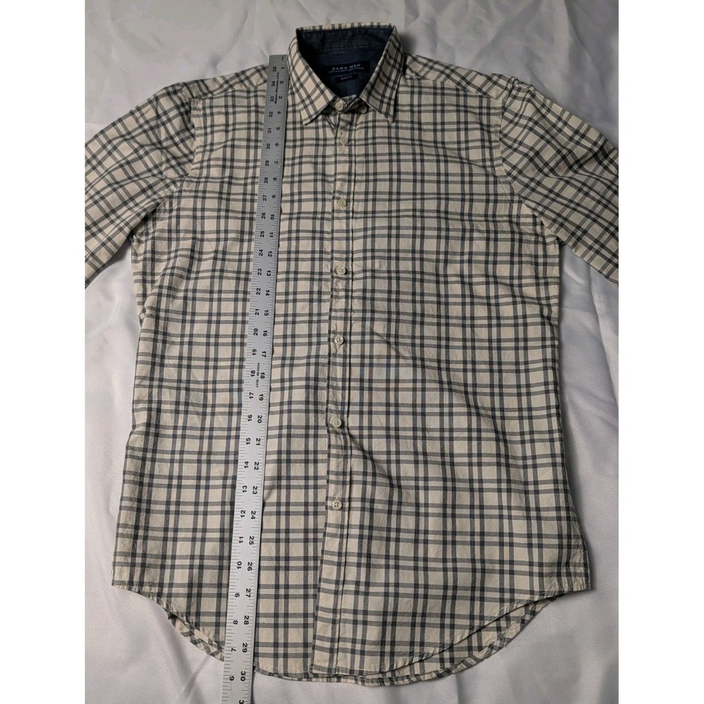 Zara Man Men's Medium Cream‎ and Navy Plaid Button Up Long Sleeve Shirt - Picture 5 of 10